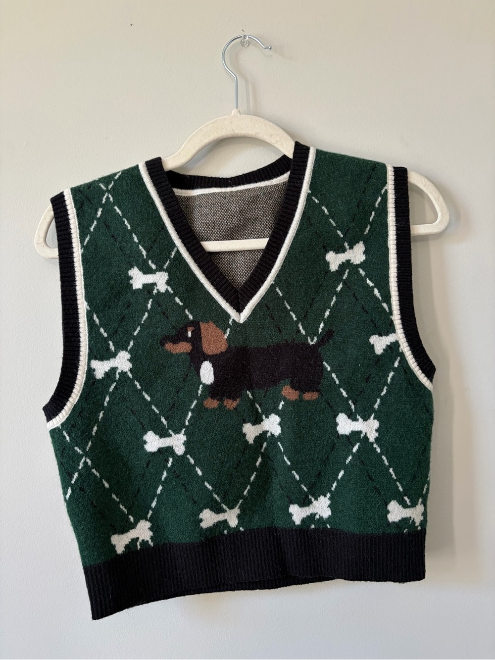 Source Unknown Green Dachshund Knit Vest with Black Trim